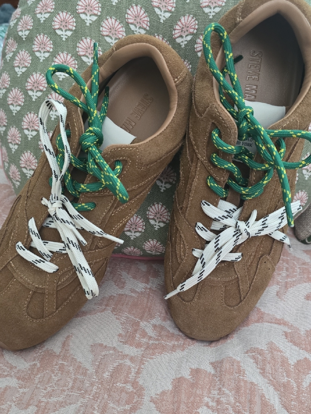 Steve Madden Tan Suede Sneakers with Green and White Laces